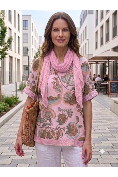 AYASOFYA OTANTIK Women's Italian Sprout Flower Patterned Loose Blouse with Se...