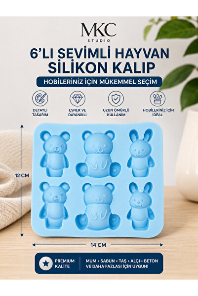 MKC STUDIO 6'lı Sevimli Hayvan Silikon Kalıp – Ayıcık ve Tavşan Figürlü Mum, ...