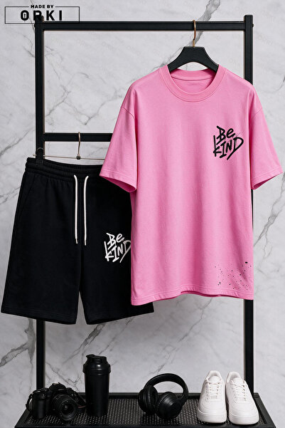 EFFRENATU Be Kind Printed Cotton Fabric Men's Black T-Shirt-Shorts Set