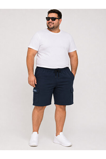 ANNEX Large Size Elastic Waist Lace-Up Cotton Men's Shorts with Cargo Pockets