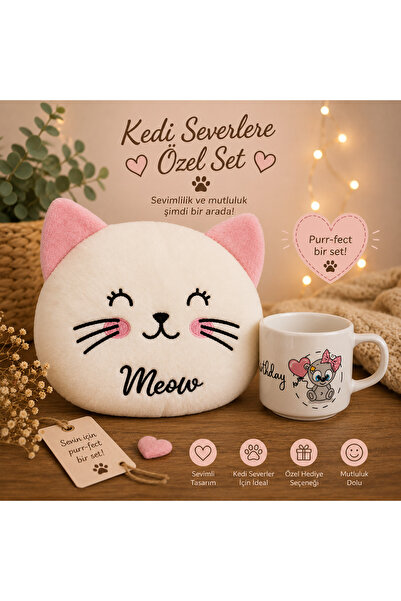 yeşil köşe Kedi Severlere Özel Set Kedi Polar Yastık & Kupa Set Sevgiliye Ark...