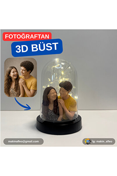 Işıklı Fanus İçinde Kişiye Özel 3D 2 Kişilik Büst (8cm)