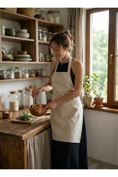 LUNAFEL Beige Kitchen Apron with 2 Pockets, Water and Stain Repellent Barista...