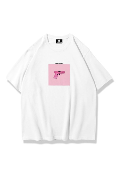 STYKEER Unisex Oversized T-Shirt "Pink Gun" Printed Loose Fit White T-Shirt