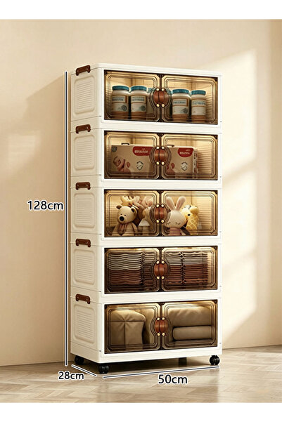 CozyBox 50cm Wide 5 Tier Foldable Storage Cabinet with Doors and Wheels