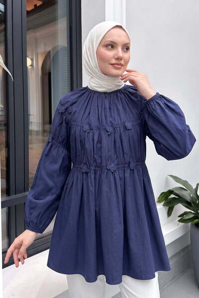zenne Floral Gathered Tunic 5501 - Dark Blue