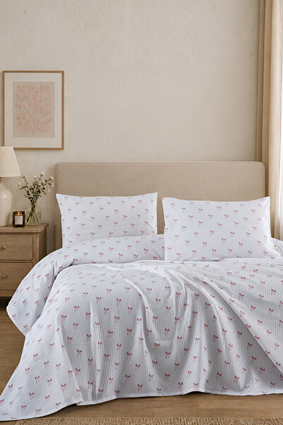 Enlora Home Desenli Pike Takımı Çift Kişilik Fiyonk Pembe (Pike+Çarşaf+Yastık...