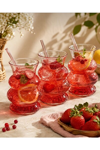 zaTen Pazar Üflemeli Cam Boğumlu Meşrubat ve Soğuk Kahve Bardağı 400 cc – 3 A...