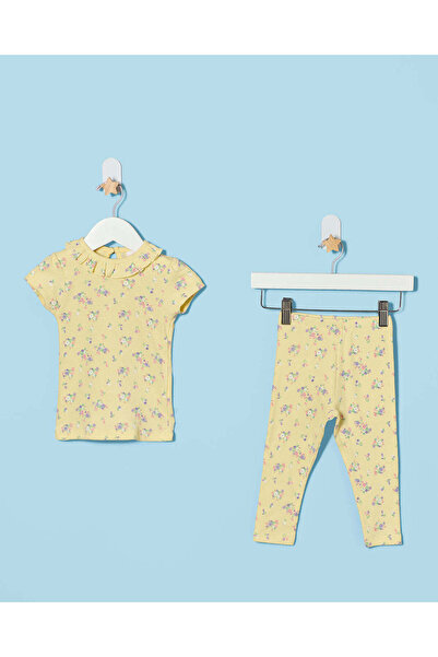 REDTAG Infant Girls Yellow Floral Rib Pyjama Set