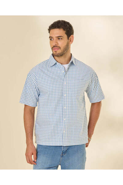 REDTAG Men Blue Checked Short Sleeve Shirt