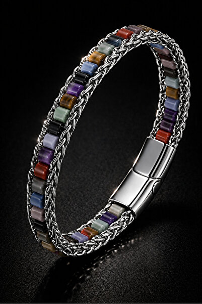 İyyaKee 10 Chakra Natural Stone 316L Stainless Steel Chain Men's Women's Brac...