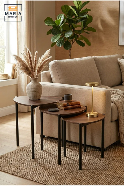 MARIA HOMES Set of 3 Nesting Coffee Tables with Wooden Tops and Slim Metal Le...