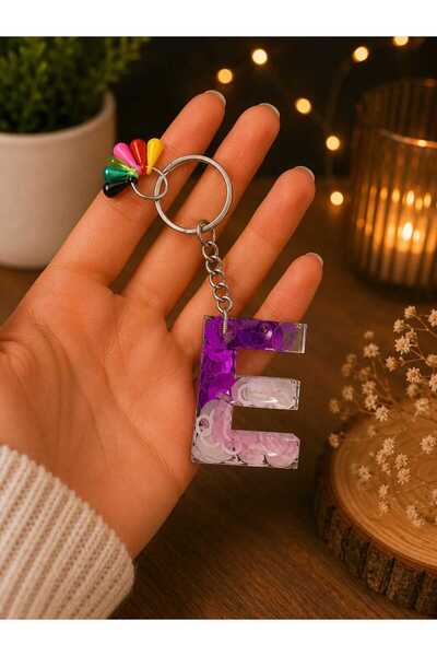 GMA KEYS Letter E Pink Purple Color Beaded Epoxy Keychain