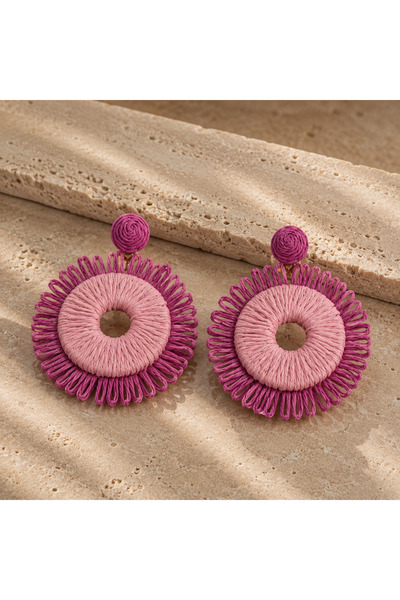 BLUEVELL JEWELRY Veloura Pembe Bohem Hasır Küpe | El Örgü Görünümlü Büyük Yuv...