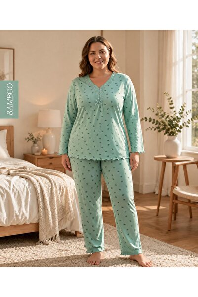 DERYA Women's Plus Size Lace Collar Bamboo Long Sleeve Thin Pajama Set 8141Y ...