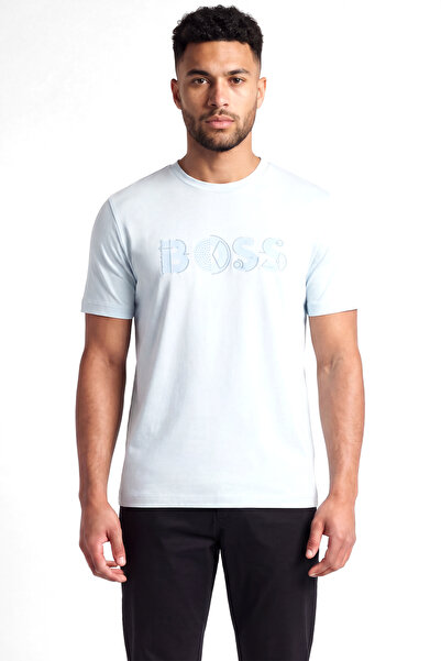 BOSS Men's Regular Fit Round Neck Logo Detailed Cotton Short Sleeve Blue T-Shirt