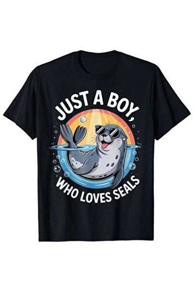 NOURAM تي شيرت أسود بطباعة "Just A Who Loves Seals" بوزن 180 جرام للمتر المرب...