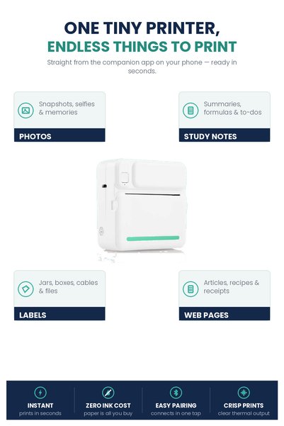 NO BRAND Imprimantă portabilă mini – Imprimantă termică fără cerneală cu Bluetooth pentru fotografii, etichete, notițe și pagini web, de dimensiuni de buzunar