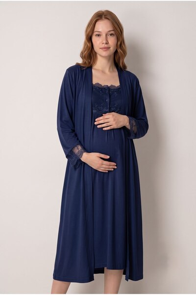 LOHOUSE Women's Navy Blue Lace Special Design New Season 2-Piece Maternity Nightgown Set with Dressing Gown