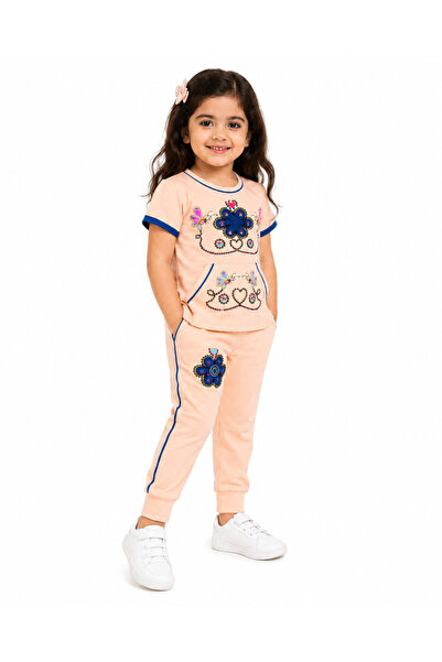 MADE Girl's Peach Casual Set with Flowers and Butterflies