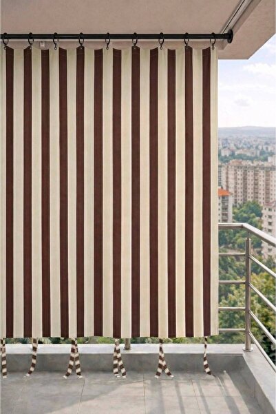 SHY TEKSTİL Kahve-Krem balkon perdesi halkalı bağcıklı suya dayanıklı dış mek...