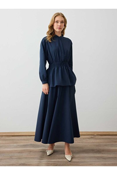 Refka Poplin Fabric Waist Gathered Tunic & Skirt Set - Navy Blue -