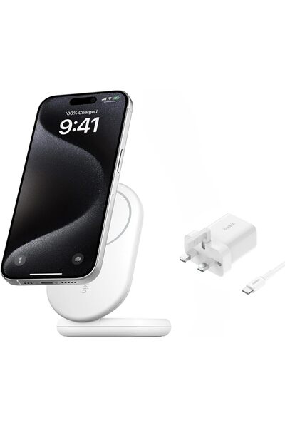 Belkin حامل شحن لاسلكي مغناطيسي قابل للطي BoostCharge MagSafe بقوة 15 واط - ش...