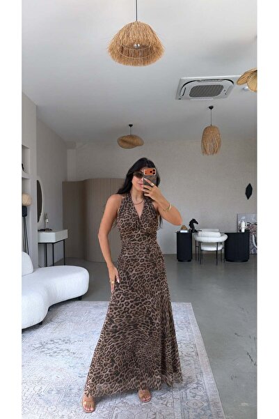 Buket Teke Coffee Leopard Tulle Long Dress