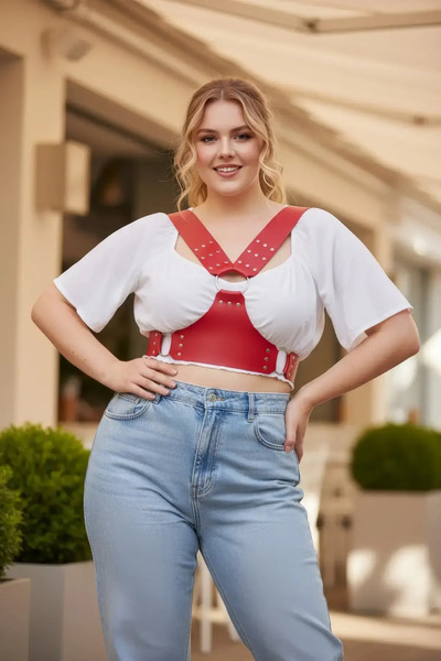 Angels Passion Plus Size Red Women's Belt Leather Corset Style Studded Strap
