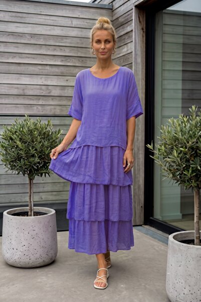 Chiccy Italian Light Purple Pool Collar Short Sleeve Lined Layered Silk Woven...