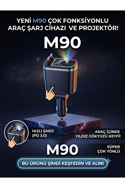 M90 4'ü 1 Arada Premium Araç Şarj Cihazı & Yıldız Gökyüzü Projektörü