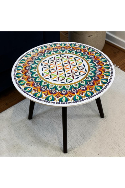 Ezera White decorative table, hand-painted wood, mandala model with tempered ...