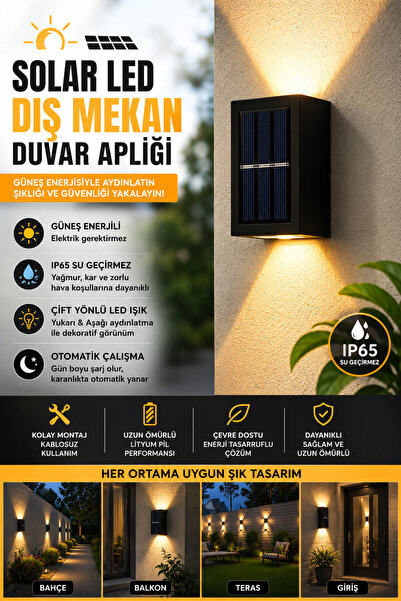 SYN AKSESUAR Solar LED Dış Mekan Duvar Apliği – Güneş Enerjili Çift Yönlü Ayd...