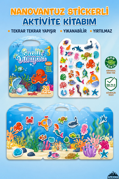 Apexma Nano Vantuzlu Bitmeyen Su Altı Yaşam Temalı 28 Parça Sticker Seti - Yı...