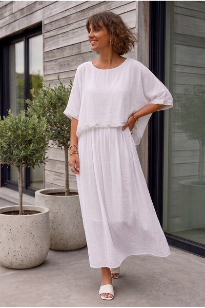 Chiccy Italian White Pool Collar Short Sleeve Lined Sleeve and Hem Sequined S...
