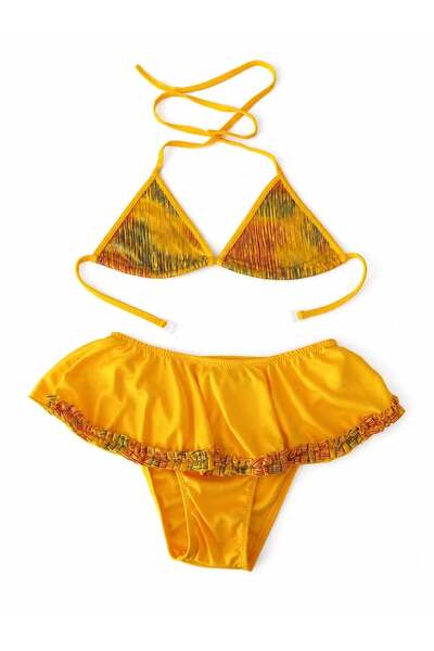 Jaju Baby Kız Çocuk Desenli Fırfırlı Etekli Sarı İki Parça Bikini Takımı