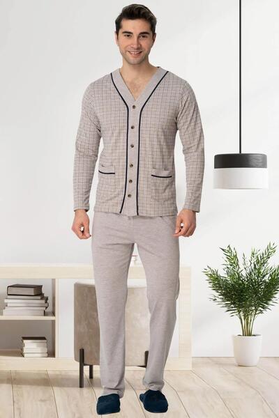 Mecit Pijama طقم بيجامة رجالي من Mecit 2767 باللون البني السميك ذو الأزرار با...