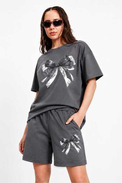 ZAVIXO Women's Bow Printed Shorts Set with Oversized Short Sleeve T-Shirt and...