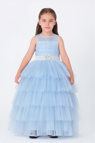 Pamina Girl's Evening Dress Layered Ruffle Tulle Long Princess Dress with Stone Buckle - Birthday, Party, Wedding, Graduation (3, 4, 5, 6, 7 Years) 35060Pr