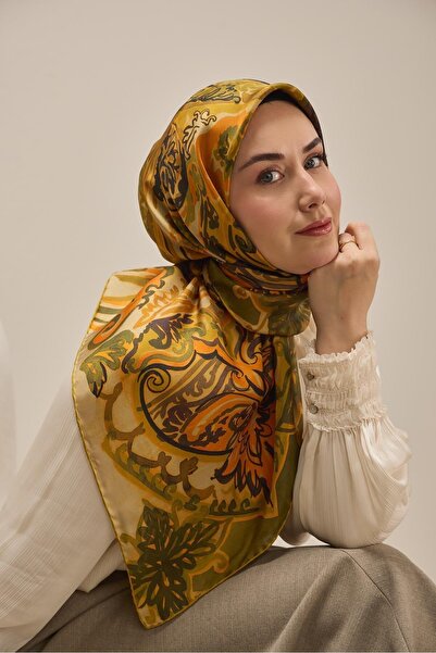 Silk Home Twill Silk Scarf Art Pattern Khaki 90X90