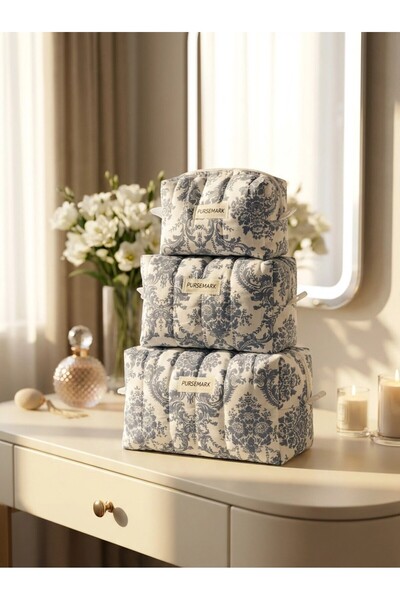 PURSEMARK Mavi Beyaz Desenli Kapitone El Yapımı (3'lü Set ) Makyaj Çantası – ...