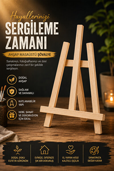 kutuTR Masaüstü Şövale, Ahşap, Mini Şövale, Üç Ayaklı, Resim Şövalesi, Ressam Sehpası 29x35