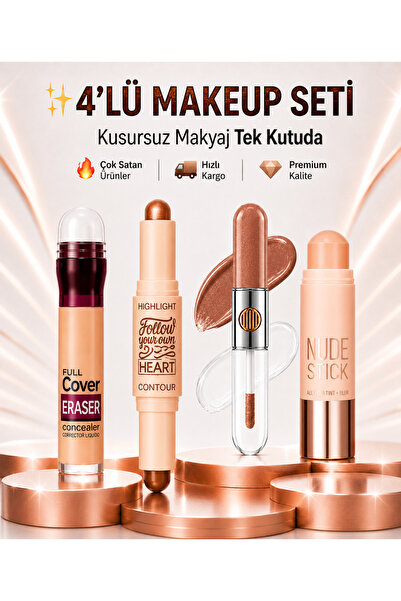 ROWENAROSE 4.LÜ MAKYAJ SETİ GÖZ ALTİ KAPATİCİ-HIGHLIGHTER-RUJ-STICK KONTÜR