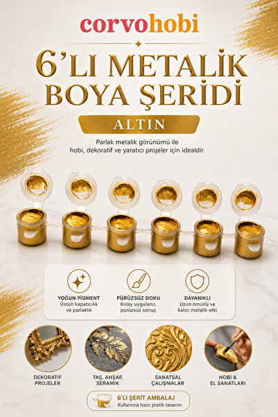 corvo hobi Metalik Akrilik Boya Altın 3ml 6'lı Altın Hobi Boyası