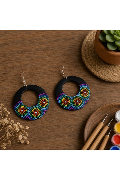 HER ŞEY NOTA www.herseynota.com Handmade Wooden Mandala Pattern Bohemian Round Women's Earrings – Colorful Dot Art