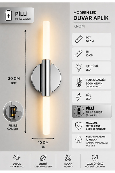 MYLUX AYDINLATMA VE TASARIM Pilli LED Duvar Aplik 30 cm Krom | Kablosuz 3000K...
