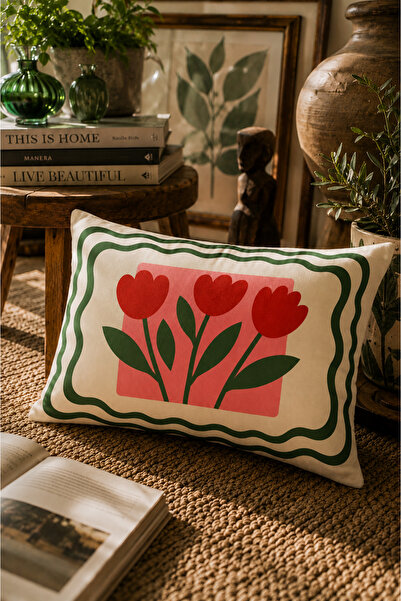 SasoHome Retro Modern 2'li Kırlent Kılıfı 35x55 cm Çiçek ve Geometrik Desenli Dekoratif Yastık Kılıfı