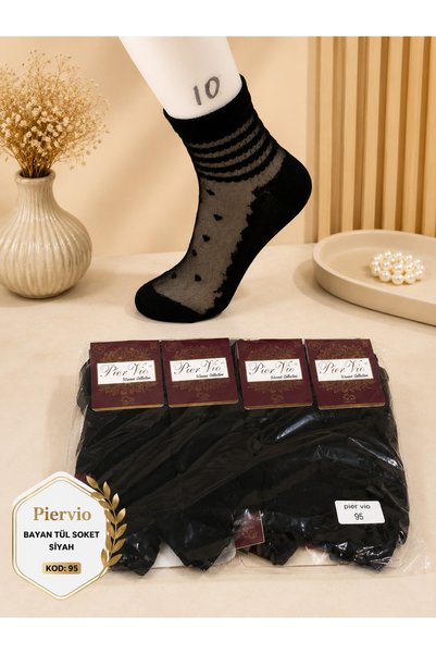 LOF Piervio Tül Soket Çorap Siyah Desenli Yıkamalı Parfümlü %90 Cotton 36-40