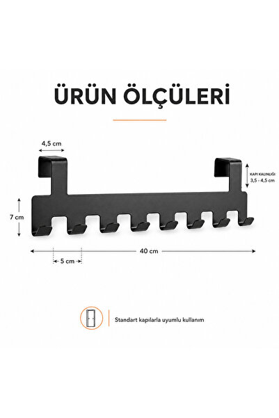 DM METAL Kapı Arkası Askılık 8 Kancalı Delmeden Monte Siyah Metal Banyo Mutfa...