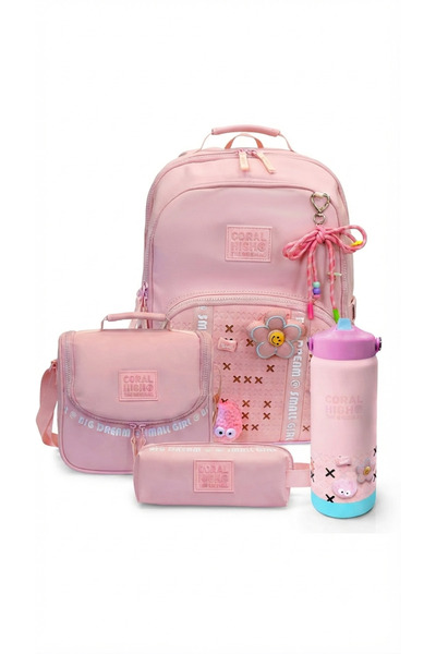 Coral High Charm Detailed Girls' School Bag Set: Bag + Lunch Pencil Bag + Ste...